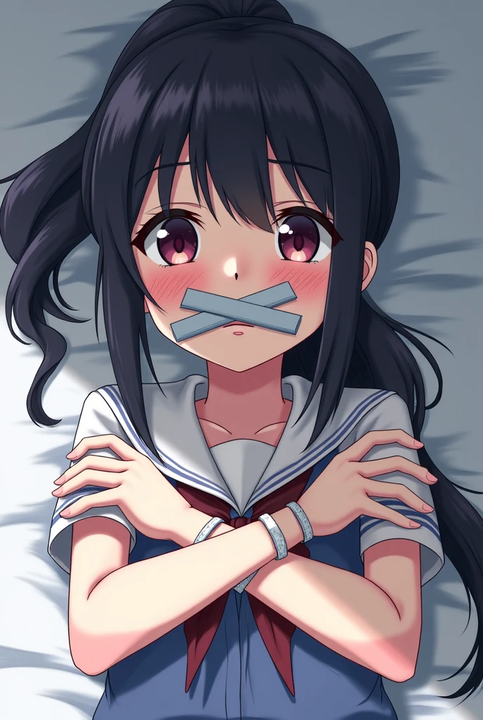 Beautiful girl at 13 years old,Japanese,,,Small and slim,Flat Chest,Small breasts,Baby Face,Small face,Black Hair,Twin tails,Grey Eyes,middle School girls,uniform,Summer clothes,open mouth,tongue out,Blindfold,Kneeling and sitting,Tie hands behind back,Beautiful and detailed anime art,A mischievous smile,high angle, looking at viewer, looking ahead, from above,cowboy shot,Sexy vibe,cum on tongue,On the bed,