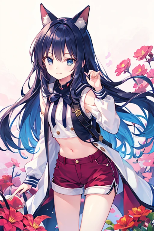 realistic image, coherent image, detailed image, 1 beautiful girl. she has short, by white. her eyes are blue, long eyelashes. Her face is oval and delicate., smiling. She wears a long sleeve, bare shoulders, Top con bare shoulders, Pleated mini skirt, and mid-thigh stockings. she has a curvy body, medium breasts, thick thighs. pose sexy. destroyed buildings background, surrounded by nature, natural lighting, volumetric lighting,