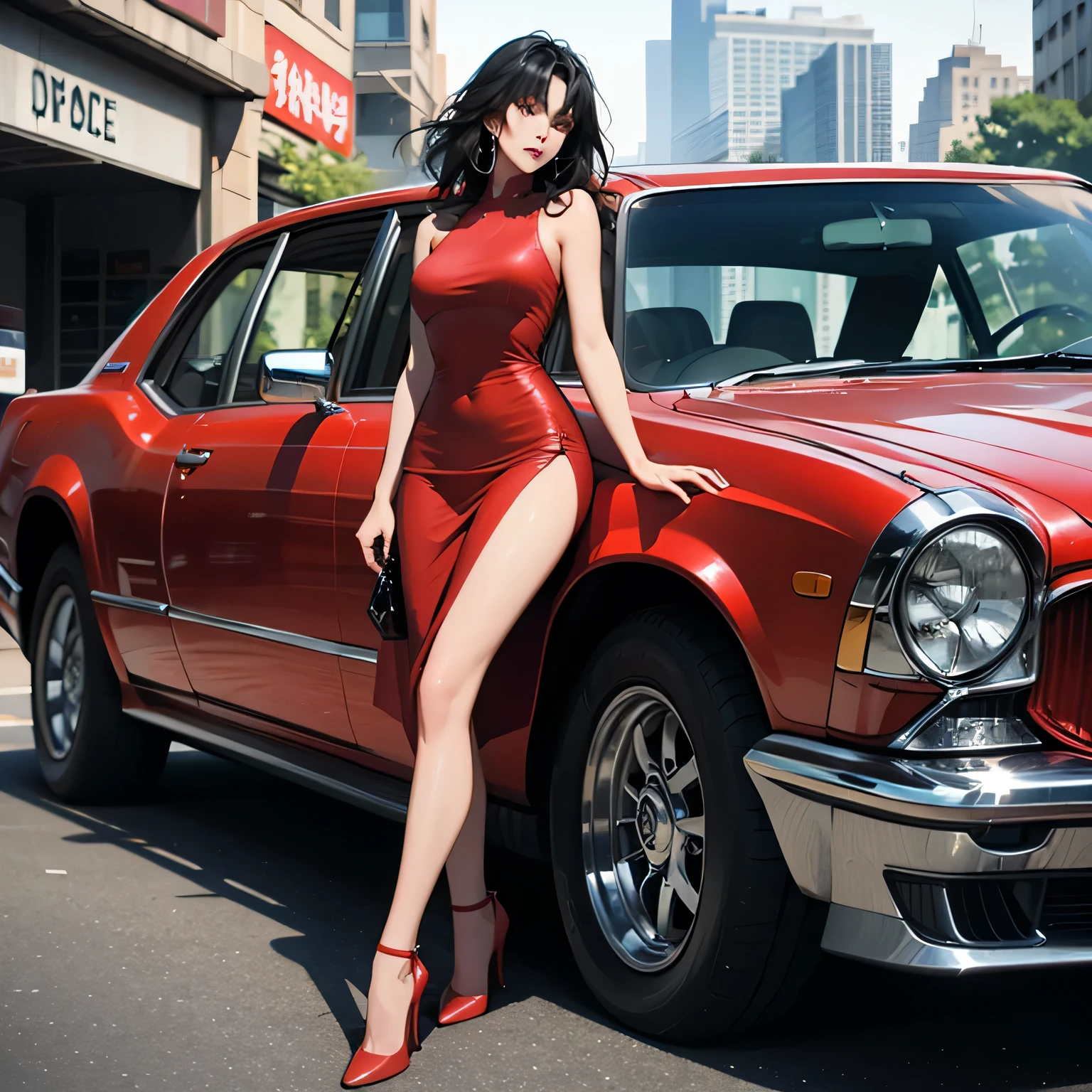 Ultra high quality,8K,Kizi,Sexy and feminine, high and cold,Enchanting,The head proportions are perfect,Short black and gray hair,Wear T-shirt shorts,Flaming red lips,Swan neck,and the sun was shining brightly,