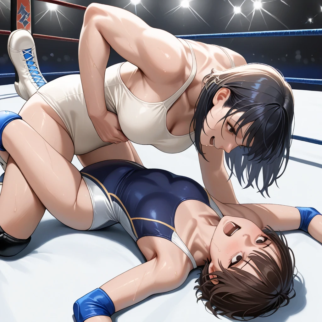 (in style of Takeshi Obata:1.3), (+18) , (Top quality, masterpiece), Japanese personal model, colossal, freestyle wrestling Singlets , two enchanting women, breast cleavage, dojo, image quality at the highest level, in a close and intense freestyle wrestling fight, on the floor