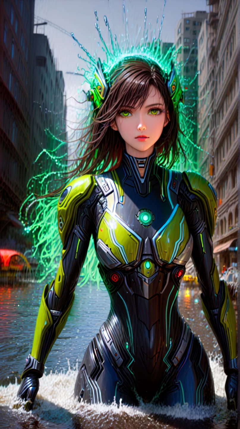 Tall beautiful woman with black hair in green futuristic armor