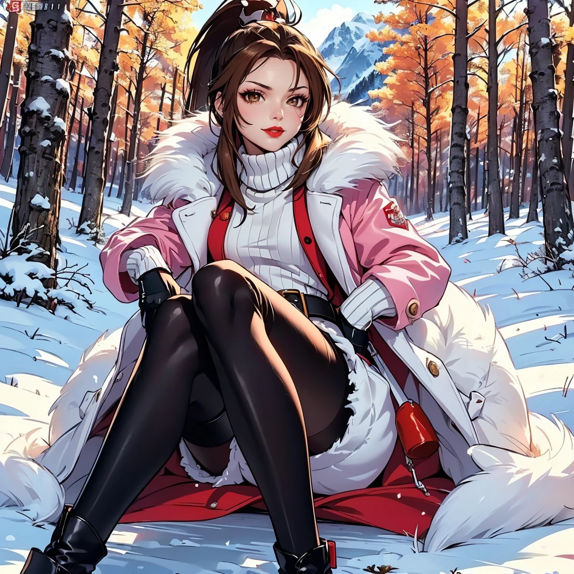 full body portrait of a photo realistic beautiful girl, facing forward, waifu, flowing hair, short seductive winter christmas clothing, big beautiful flirtateous open eyes, standing straight, includes a cute small dog, cinematic lighting, winter christmas background, highly detailed, digital painting, trending on artstation, pixiv, concept art, sharp focus, illustration, art by ross tran and wlop, Glowing eyes, Best quality, good lighting, large breasts with cleavage, seductive face, Masterpiece