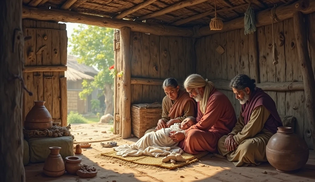 Birth of Birsa Munda**
- A small village in the Chota Nagpur region of Jharkhand in 1875. The scene shows a modest, traditional hut surrounded by dense forests. Inside the hut, a newborn baby (Birsa Munda) is cradled in the arms of his mother, with his family members surrounding him. The environment reflects the humble and rural beginnings of Birsa Munda's life.
