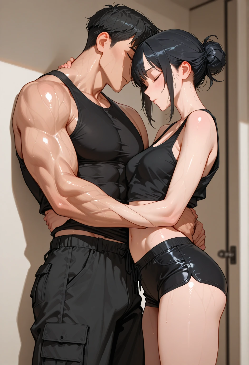 1girl, 1man, duo, a muscular man with long red hair and green eyes and freckles getting force to mate with a girl with black hair, man get pinned by a girl, kissing, saliva, spit, breathing smoke, blushed, pinned into the wall, hair pulling, aroused, shirtless man, man clothes are ripped, girl wearing sport bra,