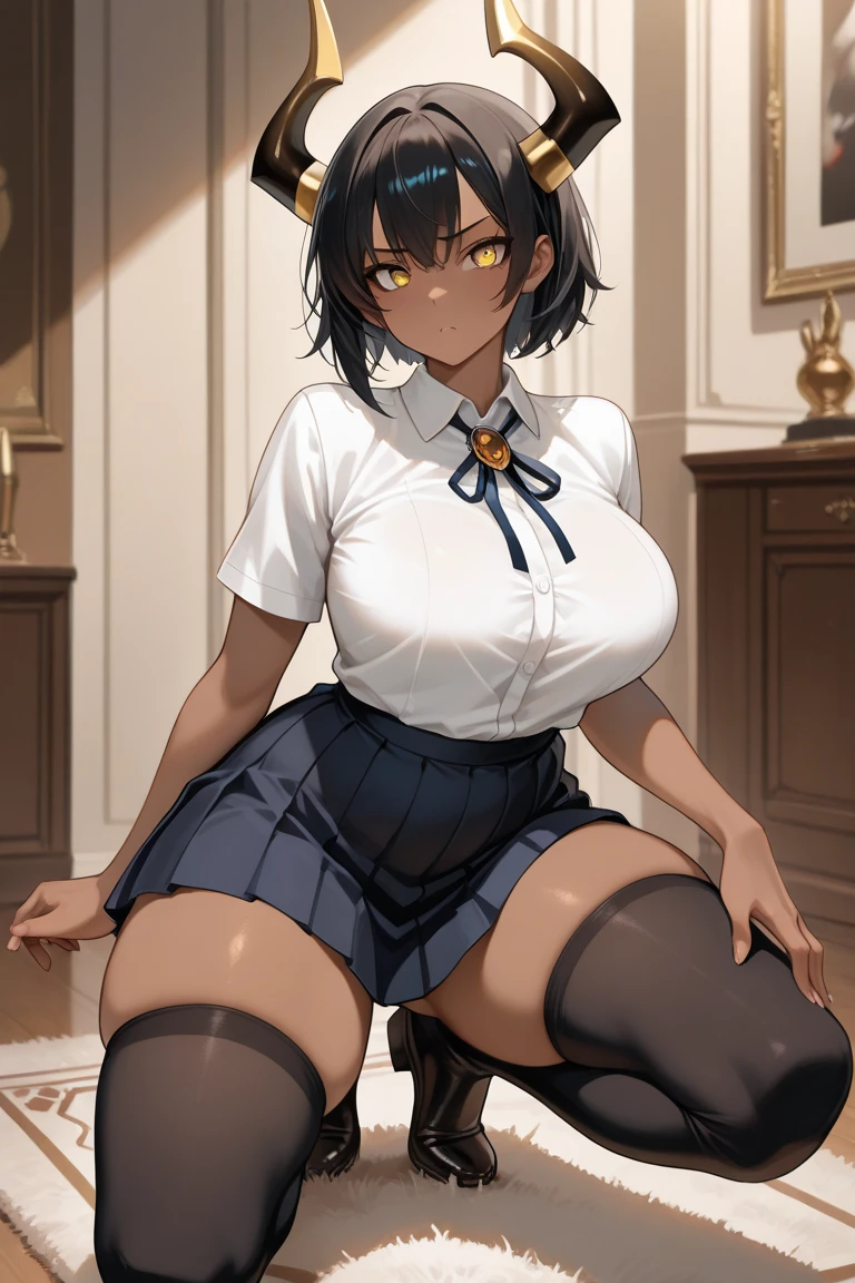 1girl, spiked hair, very short hair, yellow eyes, tan, tan skin, tan-skinned female, black hair, pixie cut, large breasts, hourglass figure, thick thighs, smile, smirk, smug, toned, white shirt, jacket, sneakers, black jacket, shirt, short pants, shorts, standing, full body, thighhighs, black thighhighs, fingerless gloves