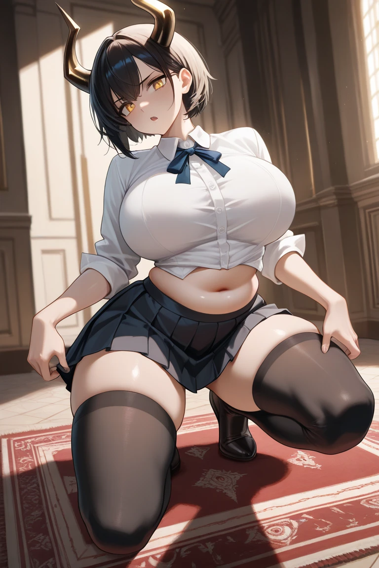 1 flight attendant, solo, , White high heels, White transparent skinny shirt, white mini-skirt, tmasterpiece, Best quality at best, realisticlying, ultra - detailed, (shiny skins, perspired:1.4), absurderes, looking at viewert, with short black hair, with brown eye,Slender,Dynamic light and shadow,A high resolution,Sharp focus,depth of fields,The eyes are delicate,Sharp pupils,pupil realistic,(Rounded chest),(Long legs:1.4),Planes,squatting pose,black pantyhoses,cleanness,stocklings,blackstockings,cropped shoulders,Toes,