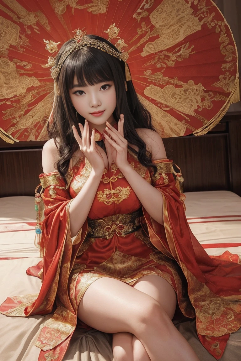 Diffuse lighting、 Highest quality, High resolution, unity 8k wallpaper、Supersaturation, Colorful, 8k resolution, 1 female、Japanese、23 years old、Close-up portrait、Red silk underwear,Red underwear、smile、Mature、Adult women、Upper body close-up、、Open your mouth、Watery eyes、Blushing、midnight、Sitting on a bed covered with flower petals、Sitting on the floor、Fantasy、mysterious、Woman with a Fan, Onmyoji、Spirit medium、