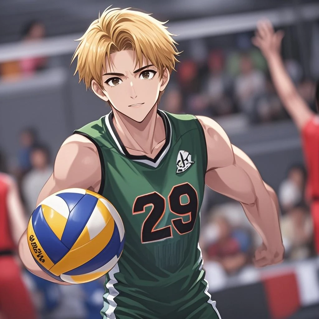 <lora:volley_uniform:0.5> volley_uniform, inside volley ball field, holding_ball,, ultra detailed, masterpiece, best quality, aesthetic, detailed,, solo, smile, 1boy, blue eyes, medium blonde hair, parted bangs, hair intakes, male focus, muscular male,
