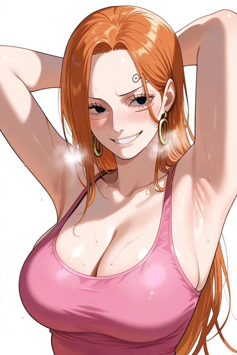 a cartoon picture of a woman in a bikini top and jeans, nami one piece, nami from one piece, nami, beautiful portrait of nami, from one piece, oppai, blue eyes, smoking, ponytail, nsfw