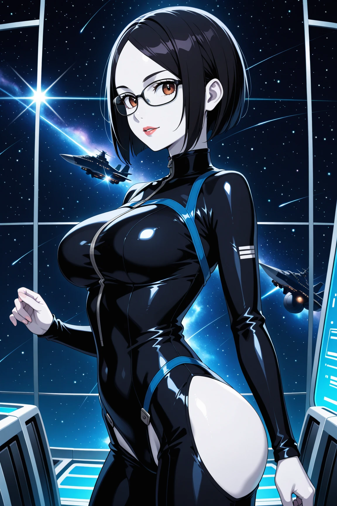 portrait, 1 girl, black latex suit ,side sitting, beautiful face, belt, futuristic helmet, detached sleeves, black hair, black eyes, hip vent, open jacket, cute, look at viewer, rainy, stomach tatoo, Science Fiction,Sci-Fi,Sci-Fi Movies,Movie Posters,Foundation Movie References,Stories about Rebellion,Anti-Government Groups,Politics.