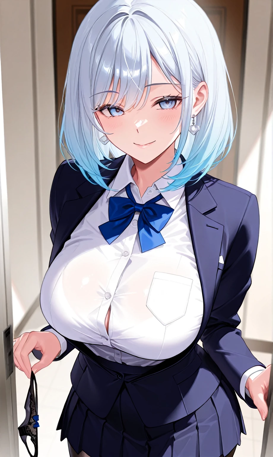 1girl,solo,looking at viewer, ,indoors,cowboy shot, huge breasts,leaning back, crossed legs, ,(rpk16suit:1.6), ,(shiny skin),(masterpiece:1.4),(best quality:1.4),coloredic0n icon,upper body, smile, blush, moody lighting,office,sitting in a office chai