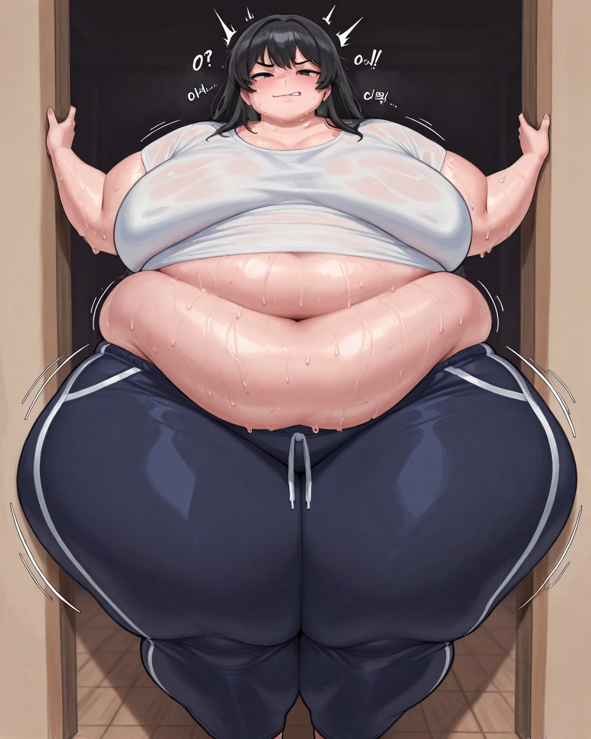 (Masterpiece, Best Quality, High Quality:1.4), (professional artwork, extremely detailed girl:1.0), 8k, detailed eyes, perfect face, 2girl, (voluptuous, mature female, plump, large lips:1.2), wide hips, thick thighs, heavy makeup, bottom heavy:1.4), (skindentation, long eyelashes, dark eyeshadow, looking at viewer, bright eyes, close up, annoyed, angry, huge ass, massive thighs, huge hips, casual clothes, sweat, sweaty, from below, fat, obese, big belly, huge belly, sagging breasts, sagging belly, cruel smile, sadistic smile, bloated belly, wobbling belly, bully, belly in viewer's face