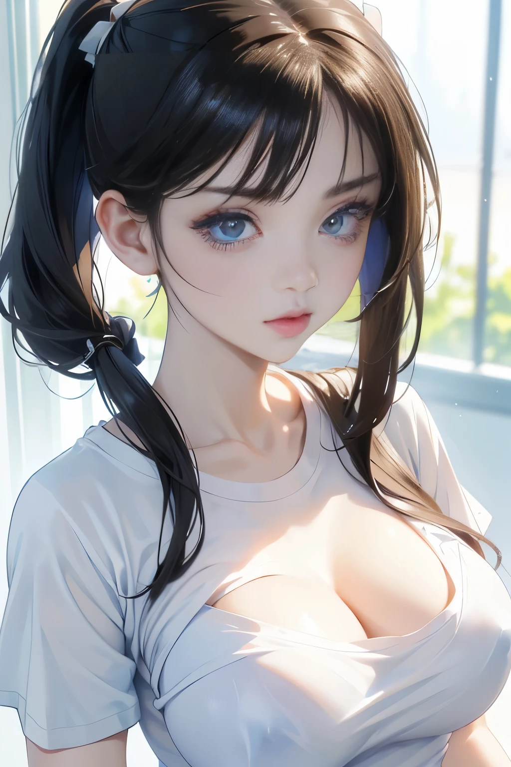 Optimal, Masterpiece, High Quality, Top Quality, (medium close up), Cute face, dark hair, semi-long, twin tails, large blue eyes with double eyelids, ((medium close up:1.0)), ((tight white t-shirt worn:1.5)). ((beautiful nipples)), ((big :1.5)), wet and see through.