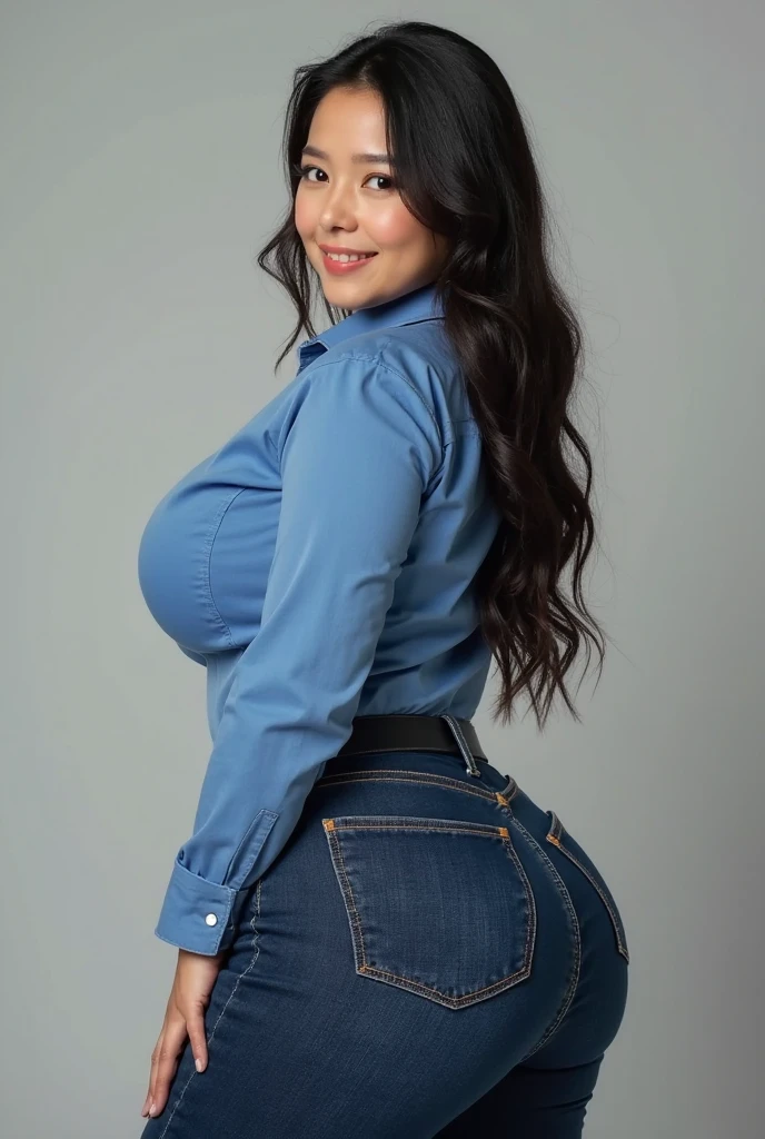 The biggest breasts in the world, Jeans and an unbuttoned long denim top, Super Detailed Face, Nice skin, big round butt , beautiful smile, nice background,  4K,Brown long hair , is standing, in an office
