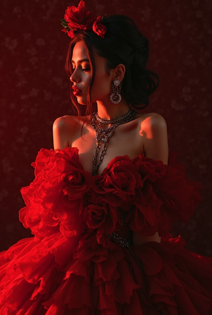 Red kimono open shoulders open legs beautiful breasts stockings black background red rose petals lace strong wind bottom view