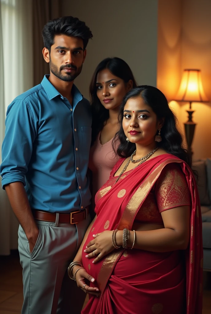 A radiant, full-figured South Indian plus-sized 45-year-old aunty wearing a gray chiffon skirt and shirt tenderly hugging a jubilant group of 25-year-old men in living room, captured in a full-body image with vibrant hues and meticulous details.