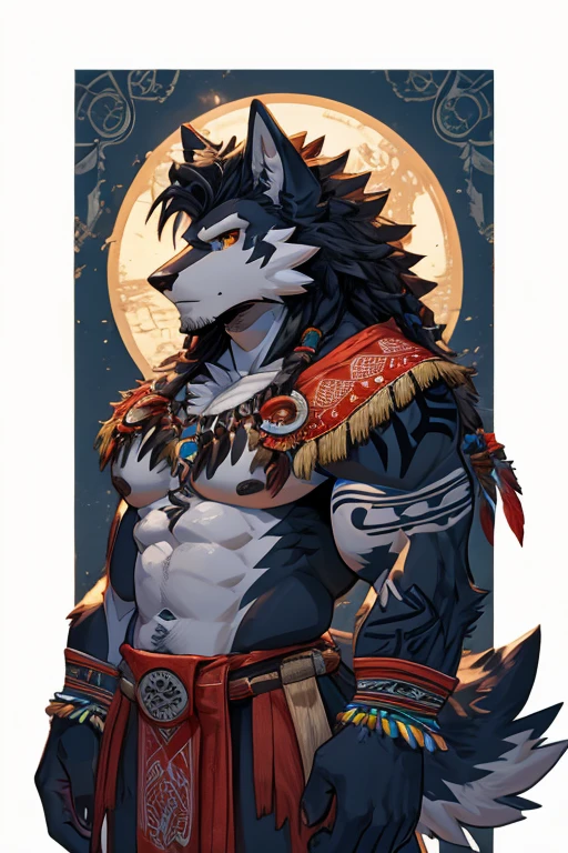 (masterpiece),(highres),(intricate details:1.4),extremely detailed,(illustration:1.2),8k,photorealistic,exquisite,,aged,elder male wolf,muscular,(general:1.7),black fur,manhood,warrior,(black fur:1.3),long hair,long beard,(numerous scars:1.2),(badly damaged:1.7),(bulging crotch:1.8),(homosexual),(a serene face:1.9),(war :1.6)