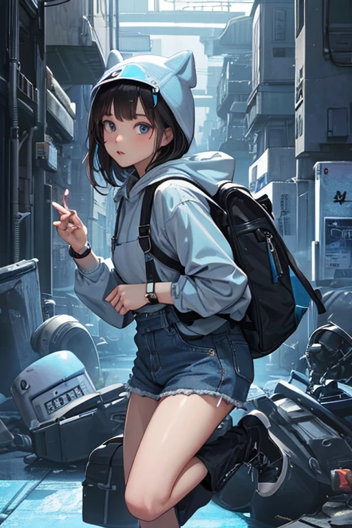 Tech Style、code、circuit boards、The main color is blue、black in color、greys、Anime style、female high-school student --auto