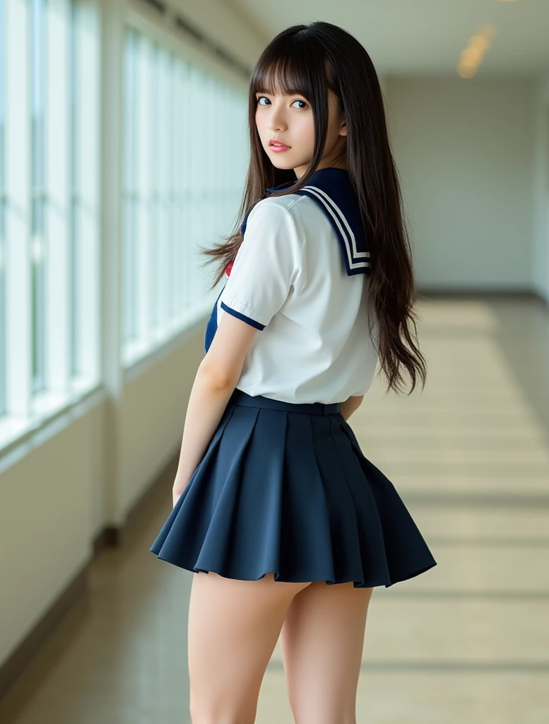 An ultra-high picture quality、Perfect Photo、japanese beauty girl、15yo student、girl's own room、(((a junior high school student)))、(((small ass)))、(((lower back)))、(((校服)))、(((a sailor suit)))、(((Raised mini skirt)))、Black Haired Beautiful Girl、Long hair、(((forward-bent posture)))、(((White panties are slightly visible)))、