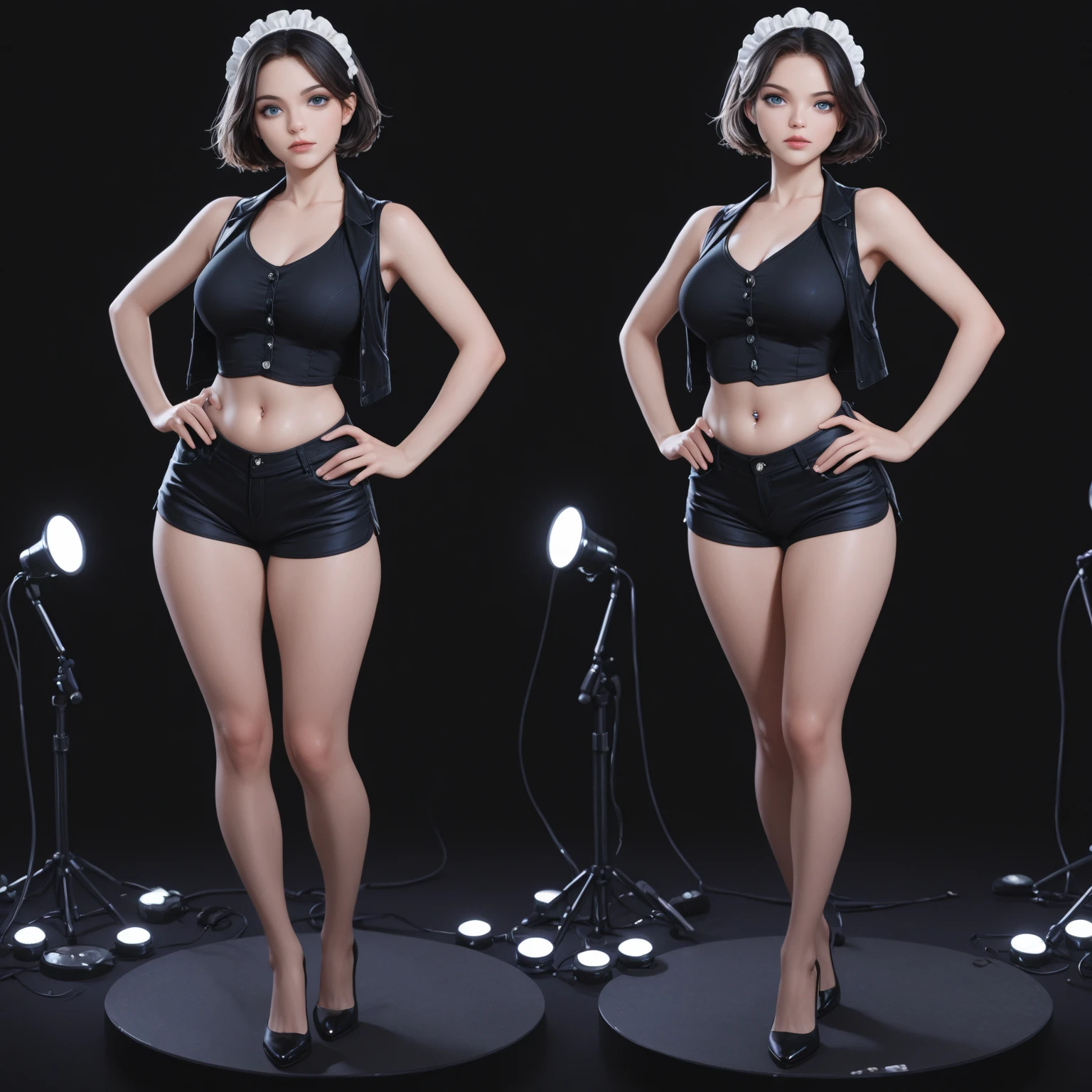 ((Realistic lighting, Best quality, 8K, Masterpiece: 1.3)), Light focus: 1.2, 1girl, Perfect figure: 1.4, Slim Abs: 1.1, ((Dark brown hair)), (White crop top: 1.4), (Outdoor, Night: 1.1), City streets, Super thin face, Thin eyes, Double eyelids, Full fitness body, Geek twerk style cosplay dress, Elegant features on breasts, Body features of perfect cosplay model, Sexy features in evidence, geektight and sexy fashion clothing, perfect face and body details and features