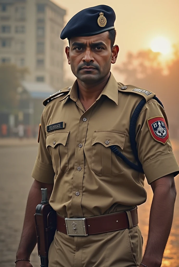 a stunning intricate full color photo, 1man, Indian police officer, wearing khaki uniform, (Indian_Police_Uniform:1) <lyco:Indian_Police_Uniform_V1:1.25> on a busy Indian street, detailed skin, epic character composition, sharp focus, full focus, realistic light, subsurface scattering, f25, 35mm, film grain, analog style