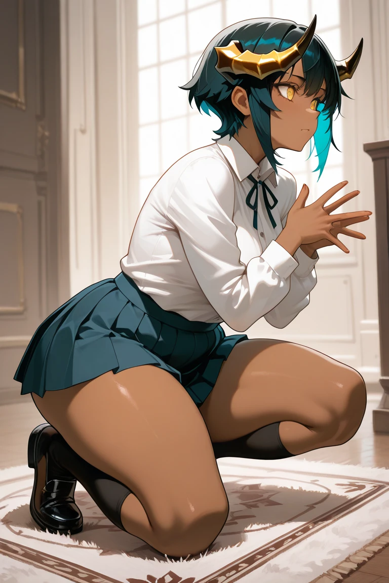 masterpiece, best quality, high resolution, park, blue eyes, blue hair with bob cut, uniform, mini skirt, socks,,dress lift:2,show off panties, very sheer panties, water dripping from panties, very embarrassed, troubled look, kneeling, standing kneeling, spreading legs, legs open, squatting, skirt fluttering in the wind, from below, focus on the waist, twist the skirt, Lifting skirt, sweating, crying, tears