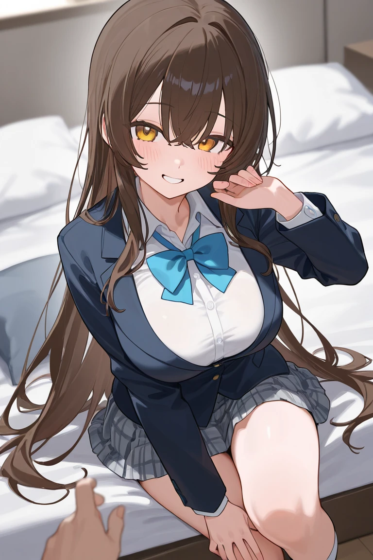 A charming and petite anthropomorphic female mouse dressed as a not so innocent and flirtatious student. She has long, curly brown hair with pink ribbons and ears. She is in a alluring pose on a couch in a dorm room. She is looking happy with dreamy brown eyes and a grin. She is wearing a white and blue school uniform with a short skirt, a blouse, and a tie. Her tail is thin and long. The art has an anime flair to it. The POV is from the front, slightly below her eye level.