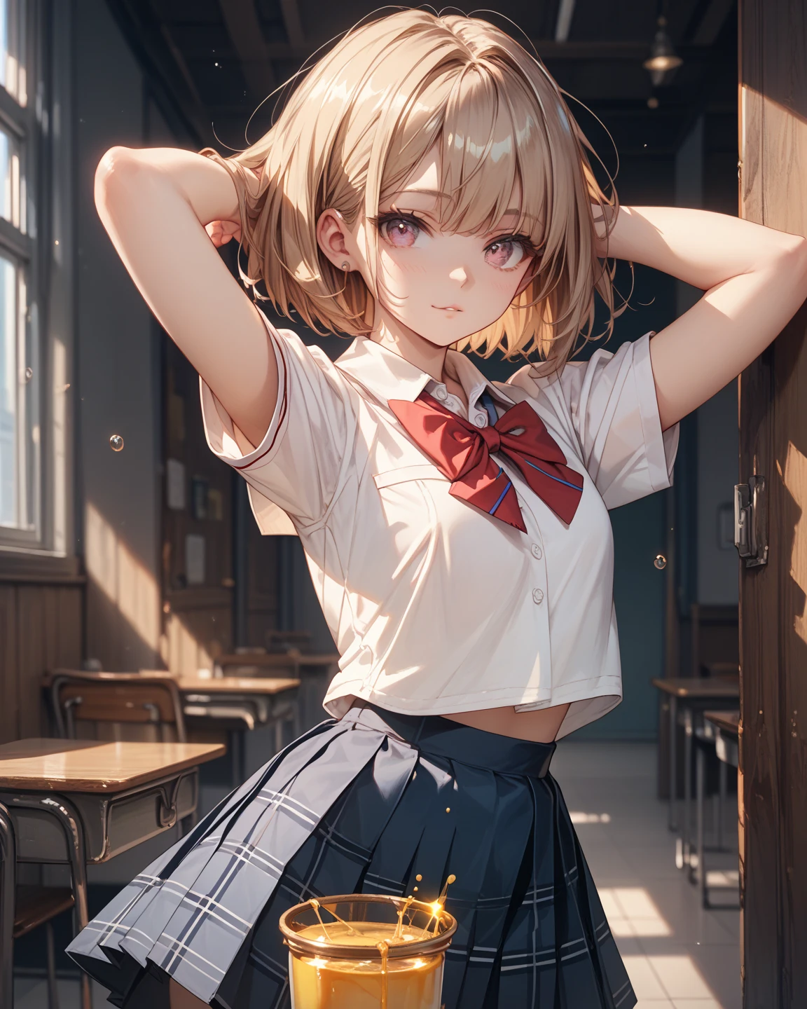 (masterpiece:1.3, Highest quality), (Realistic, photoRealistic:1.4), Beautiful illustrations, Perfect lighting, colorful, Written boundary depth, Looking at the audience, whole body, Front view:0.6, 1 person, alone, Japanese, high school girl, Improve, (Large Breasts,Wide Hips,Tight waist, Captivating thighs, Skin dents),(short hair:1.5),Asymmetrical bangs, Lips parted, (very tanned and shiny skin),Thin Hair, Beautiful Hair, Beautiful Face, Highly detailed face, Beautiful and beautiful eyes, Beautiful clavicle, Beautiful body, Beautiful breasts, Beautiful thighs, Beautiful legs, Beautiful fingers, (Beautiful views), (blonde:1.5),Grey plaid pleated skirt, black tights, Plump thighs, Metal collar, ear piercing, Red Eyes, Straight hair, Swept-apart bangs, Gradient Hair, School uniforms, White shirt, tie, Ecstatic face, Ahegao, Drooling, View your viewers, (pantyhose, Pull down your panties, Grab your own chest), In the classroom at sunset,( Leaning forward:1.2)