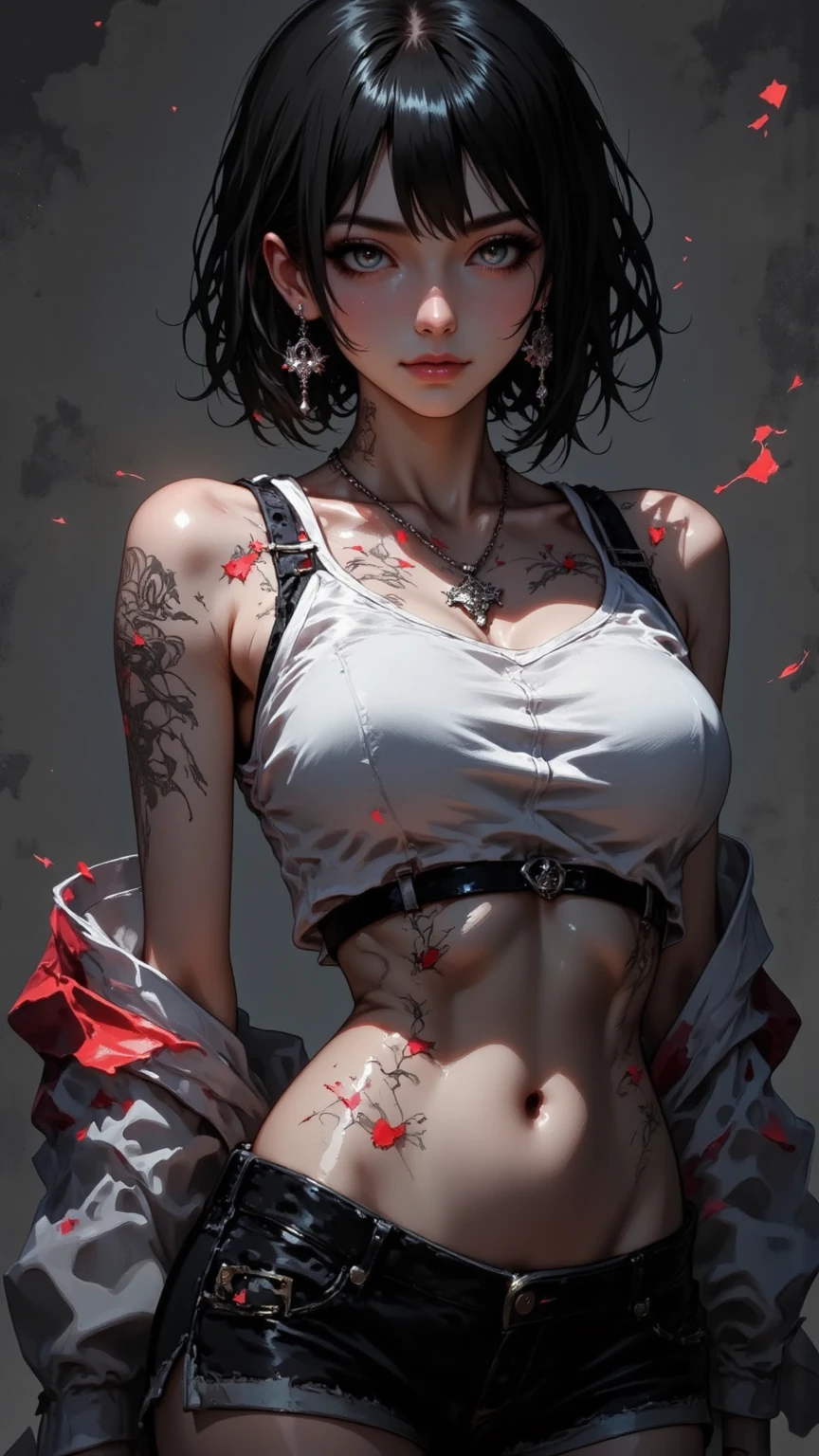one girl, solo, abs, slender body, (upper body, bust:1.2), black eyes, black hair, red clothes, bare shoulders, masterpiece, highly detailed, look at viewer, shiny blured orange background, gradient sprayed background, front view, gradient red purple background, blured background, glowing edges of image, (paint splashes:1.5), (abstract, psychodelic:1.5), (deep cleavage:1.3), (torn clothes, transparent clothes:1.3), denim shorts, torn T-shirt, transgressive art, octane render , saturated colors, pastel colors