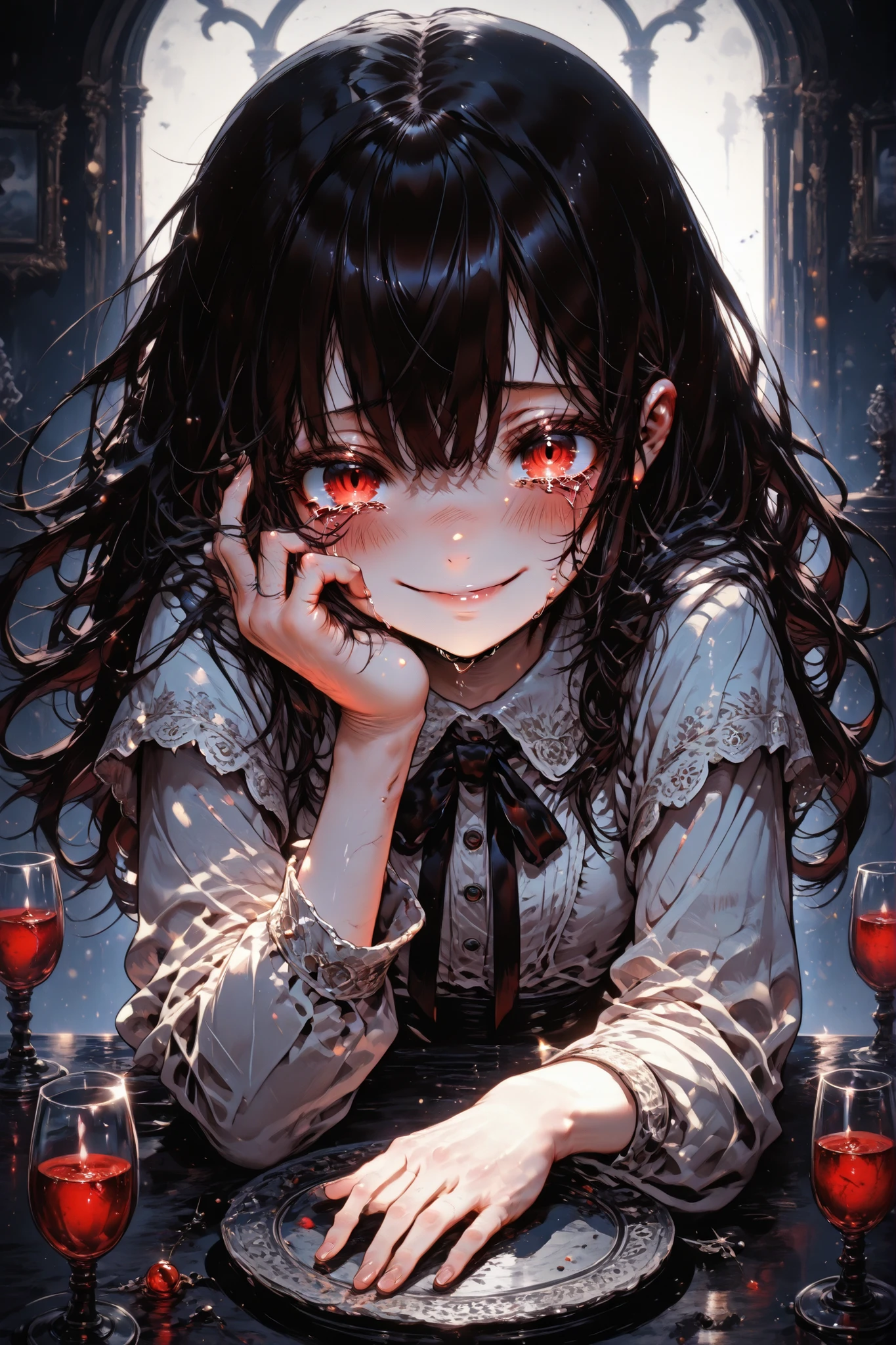 girl with unnaturally turned head at the table wide smile dark hair tears flowing she regrets what happened sad atmosphere hands lowered under the table,