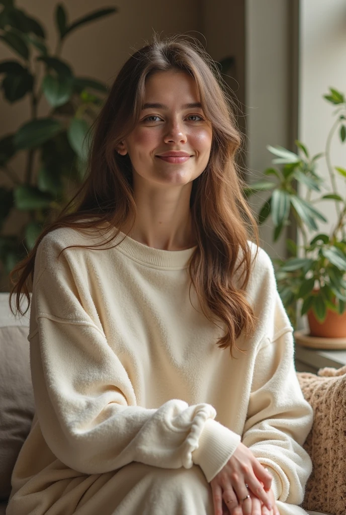 award winning photo, delicate, beautiful, sexy, portrait, long hair, cute smile, cinematic, 19 year old woman, baggy sweater, baggy sweatpants, smiling, (cleavage:0.9), (thin waist:1.2), natural contour aesthetics, looking in camera, sharp focus on subject, front view, natural lighting, perfect shadows, white wall in background. A 19-year-old woman with an award-winning photographic presence beamed a captivating grin while flaunting her delicate features and long, flowing mane against a white wall backdrop as she casually donned baggy sweater and sweatpants in the soft, natural light, displaying subtle cleavage and a thin waist while looking into the camera, exuding cinematic beauty with perfect shadows and sharp focus on her portrait, embodying the essence of natural contour aesthetics and delicate natural lighting. jazminetan <lora:qljwps18e0631c505i539:1>