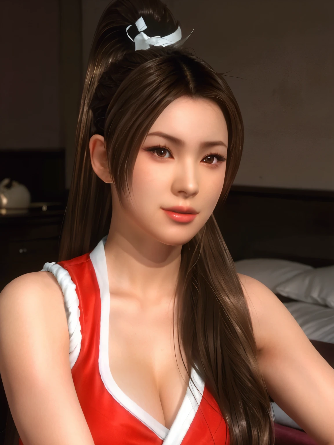 Mai Shiranui, (best quality, ultra-detalhado, Realistic:1.37), rosto delicado, rosto detalhado, Sweet smile expression, corpo perfeito, Textura ultrarrealista, Retrato, vivid colors, soft lighting