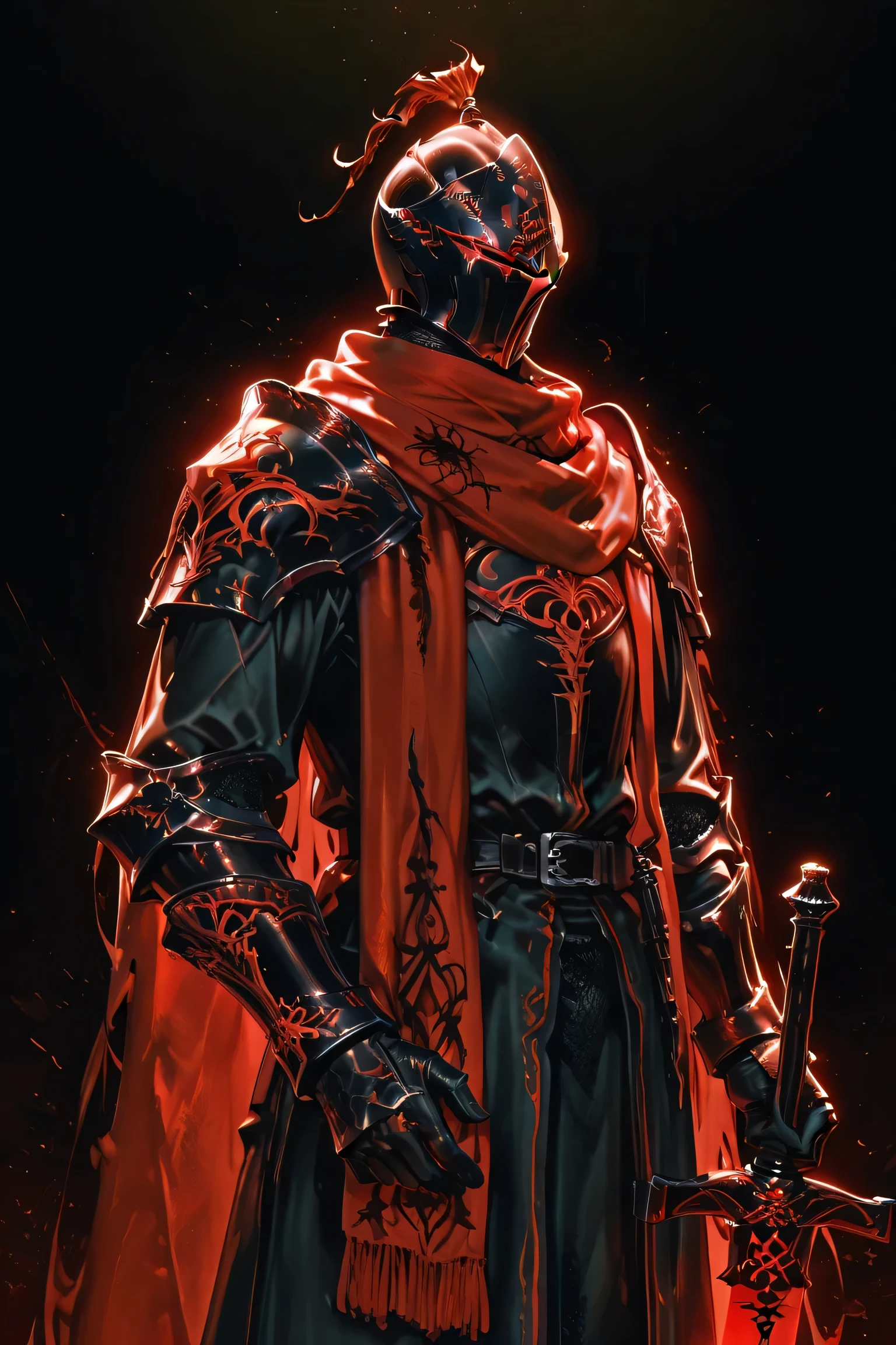 dark knight with red touches and a red scarf, with some Christian touches, black background and low lighting, with a highly detailed sword