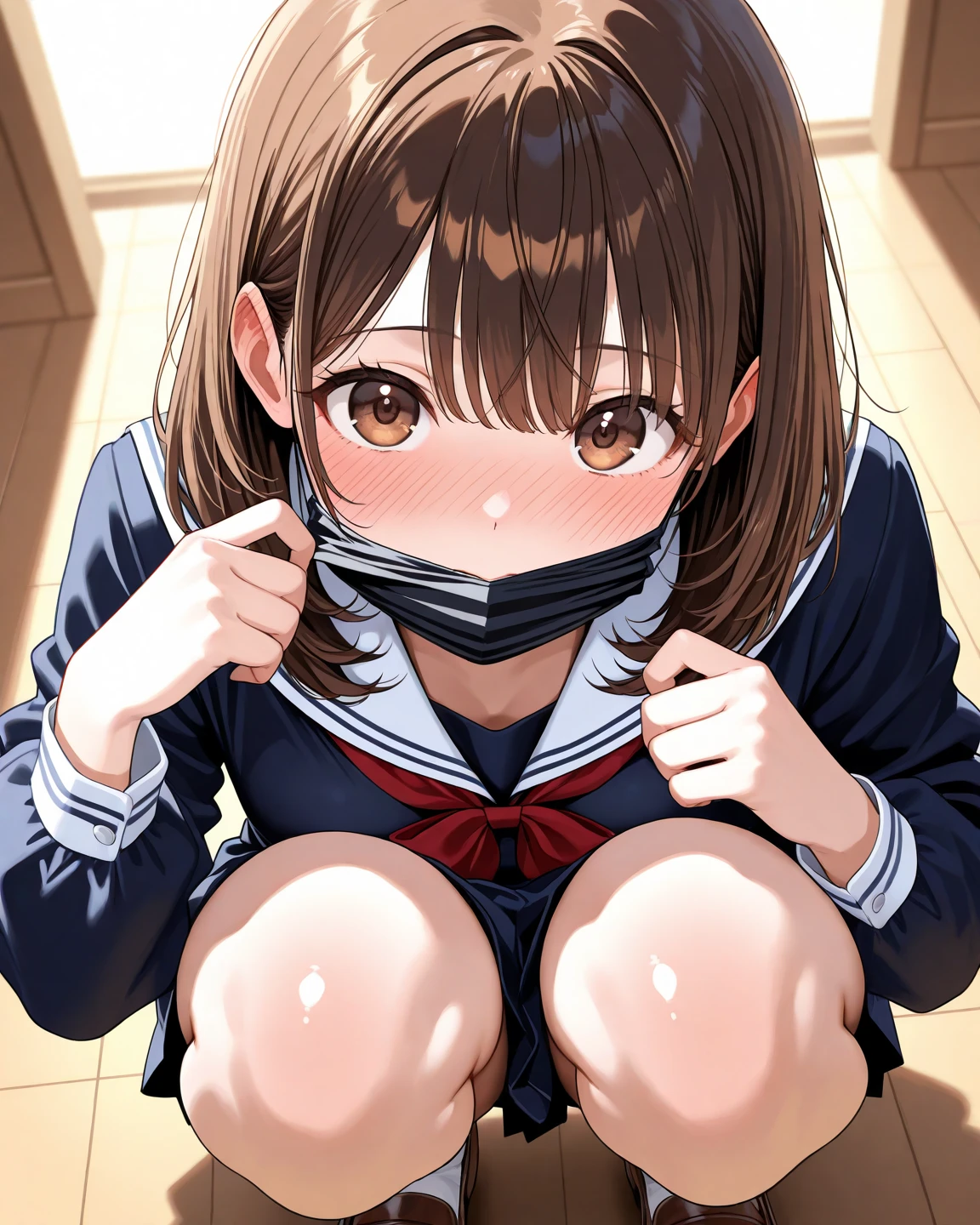 score_9,score_8_up,score_7_up,masterpiece,best quality, source anime, realistic, super detailed, extreme detailed, rating_safe,
1girl, lying on side, on floor, arms behind back, restrained arms, rope, knees together, restrained legs, tape gag, kidnap,
BREAK 22yo, short hair, bob cut, (blunt bangs), black hair, (tareme, detailed cute brown eyes), curled eyelashes, (large breasts:0.9),
shiny hair, beautiful detailed eyes, beautiful face,
white collared shirt, beige pencil skirt, tight mini skirt,
embarassed, blush, frown, tears,
abandoned house, wooden floor,