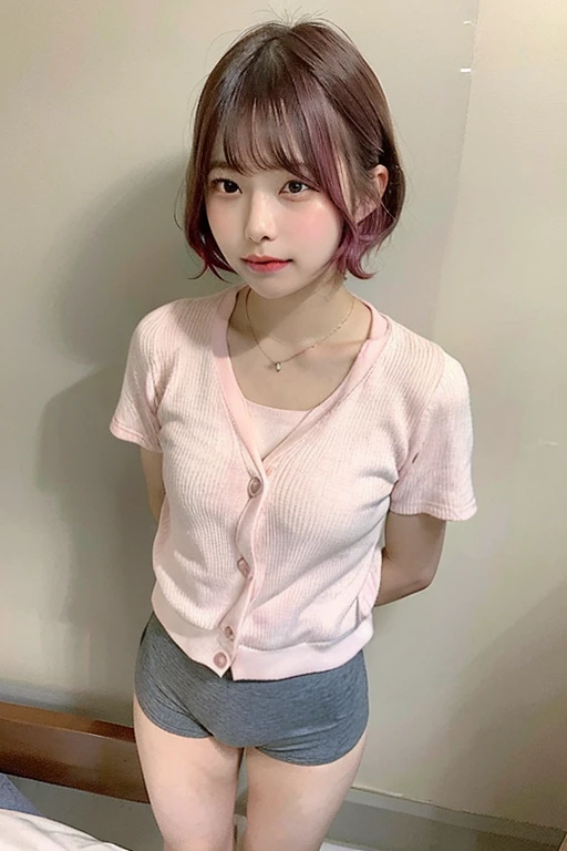 (Highly realistic photos, High resolution, detailed face, fine eyes), ((Taken in front of a white wall))、japanese woman, 40 years old, various expressions, alone:1, slim figure, different hairstyles, casual clothes, Only one person appears in the photo、long sleeve dress、Photographed in natural light、simple necklace、spring clothes、don't look at the camera、profile、pink brown hair color、bob hair