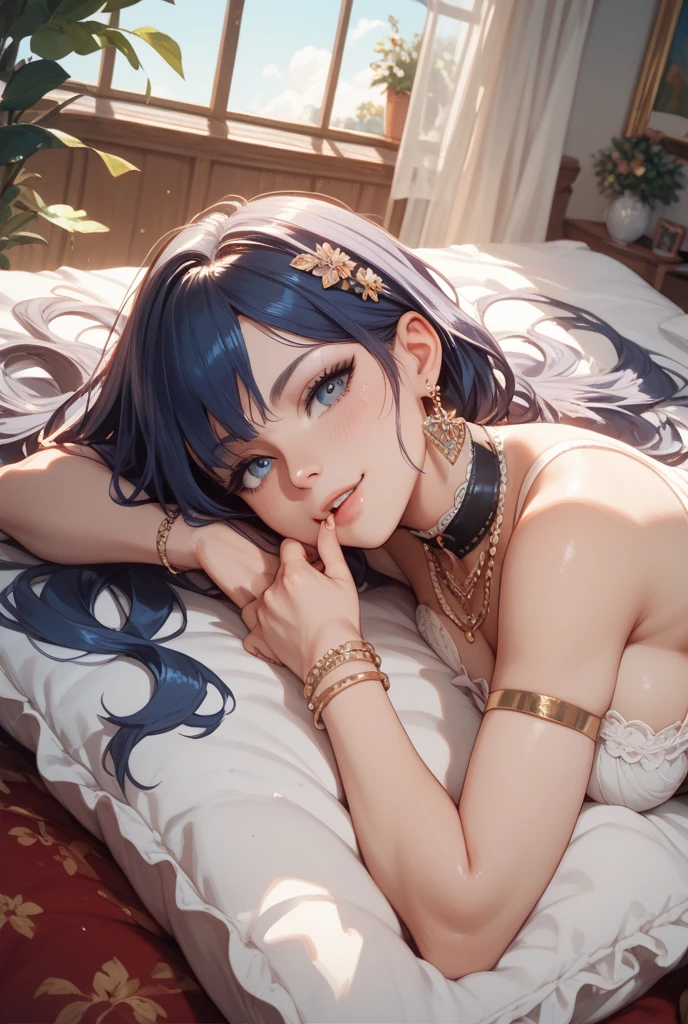 A 20-year-old girl lies on her stomach on the bed, mix4, Sweaters, pillow head, cparted lips, Open_Mouth, photorealestic, Photo_\(curly\), 独奏, stuffed_Animal, stuffed_toys, teddy_bear,(tmasterpiece),(realisticlying:1.3), Hyper-detailing, (highdetailskin:1.2),(best qualtiy:1.0), (超高分辨率:1.0), (Ulzzang-6500:0.3), Wavy detail hair, long whitr hair, rays of sunshine, (Beautiful detail makeup), (Sexual arousal blushing heavy breathing:1.0), Flower theme flower petals scattered, (Soft glow overflow:0.5),H cup big breasts,Blush,Wear black tights,