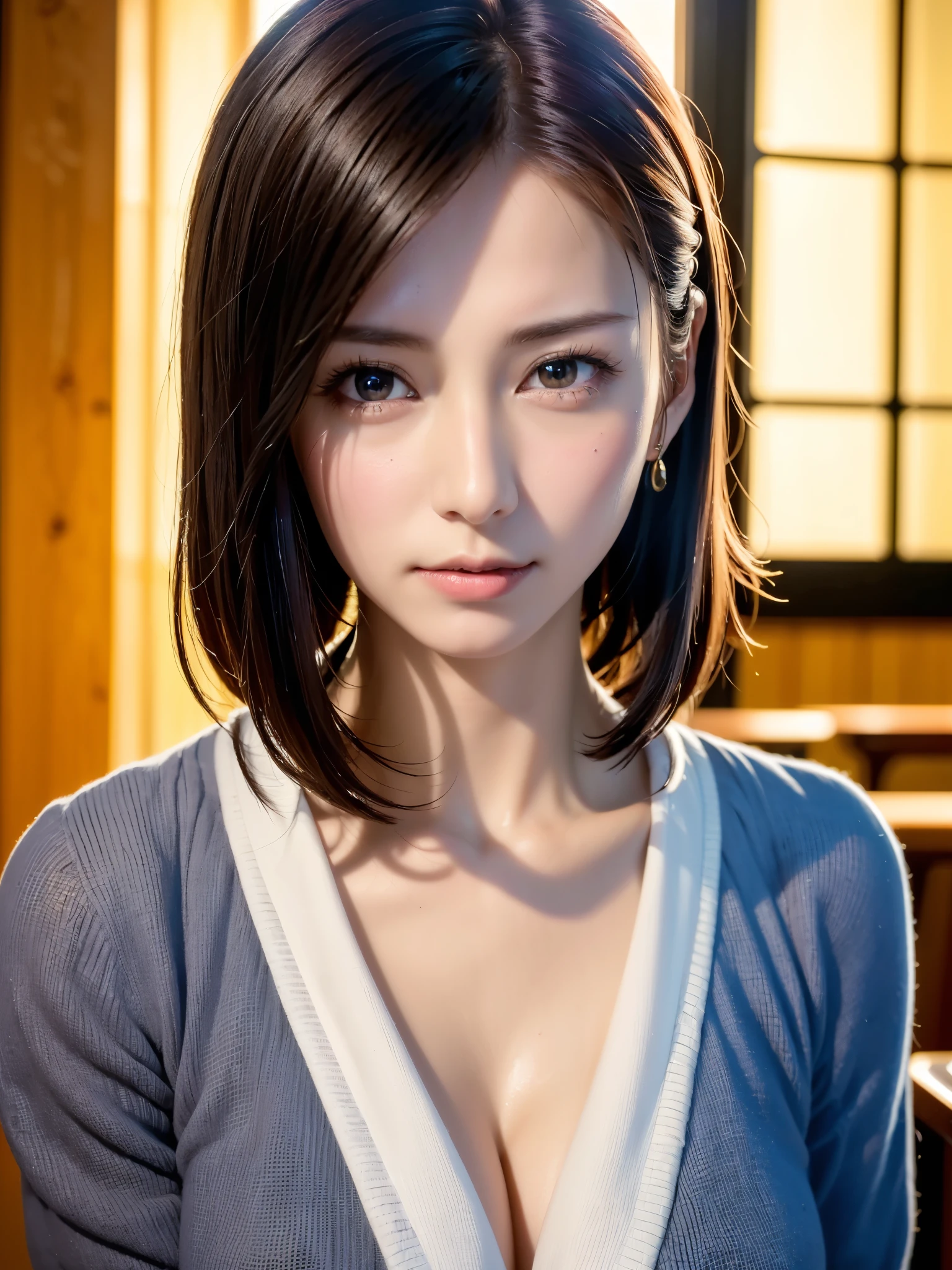 Fine-grained skin、Sharp Focus、(lighting like a movie)、Soft lighting、dynamic ungle、[:(Face Details:1.2):0.2]、large full breasts、Photorealsitic、(8K、Raw photography、top-quality、​masterpiece:1.2)、The ultra-detailliert、超A high resolution、(Realistic and realistic photos:1.37)、portlate、high-definition RAW color photography、professional photograpy、extremely delicate and beautiful、ighly detailed、8K Picture Wallpaper、astonishing、finely detail、huge filesize、beatiful detailed eyes、二重まぶた、Dynamic lighting、very detailed beautiful girls、、1 girl in、(18year old:1.2)、Realistic body、小柄、fair white skin、shinny skin、Good figure、Natural face、(embarrassed from、full of shyness、A smile:1.2)、、Look at viewers:1.2、(Recumbent position、sface focus、cowboy  shot:1.2)、(dynamicposes:1.2) 、1girl in, 独奏, jewely, Detached sleeve, a necklace, blue-beaded earring, Hakama Skirt Yunafukus、 超A high resolution、a picture、Photorealsitic、ighly detailed、A detailed face、Cute Woman Solo、the royal palace、 medium breasts⁩、(​masterpiece、hightquality)、looking at the viewers、gorgeous goddess、bob cuts、 Charming and、Charming and、dream-like、Royal cloak、((thick bangs))、cross-legs sitting、(((Clothes are torn and skin is visible chest)))、(sexy facial expression)、(sexy  pose)
