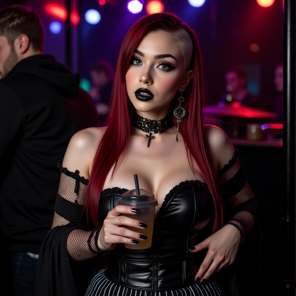 very attractive 25 year old girl with long bright pink hair, A glamorous femme fatale sipping champagne in a dimly lit speakeasy, her red lips curled into a knowing smirk.woman with bright pink hair in black sexy open clothes, Metal jewelry, Dynamic posture, handsome body, slim figure, small breasts, seductive cyberpunk dark fantasy, Sensual, Gloomy style, dark realism, photorealism, photo, dominatrix, femdom, bdsm, mistress, femme fatale, very beautiful top model, gothic horror vibes, Awesome and gloomy, cyberpunk, Gothic - Cyberpunk,