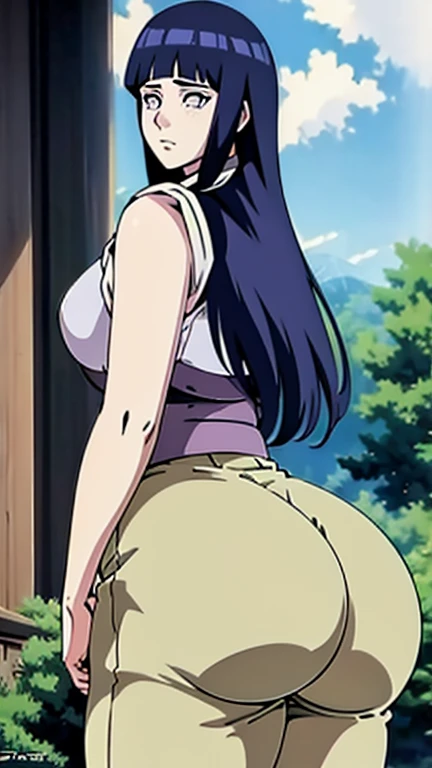 Akeno Himejima, 1girl, (((bimbo))), purple hair, purple eyes, ear rings, (((bimbo))), puffy lips, painted lips, thick lips, smile face, wide hips, thick thighs, huge round ass, huge natural Hitomi Tanaka breasts, white jeans, leather jacket, walking, looking back