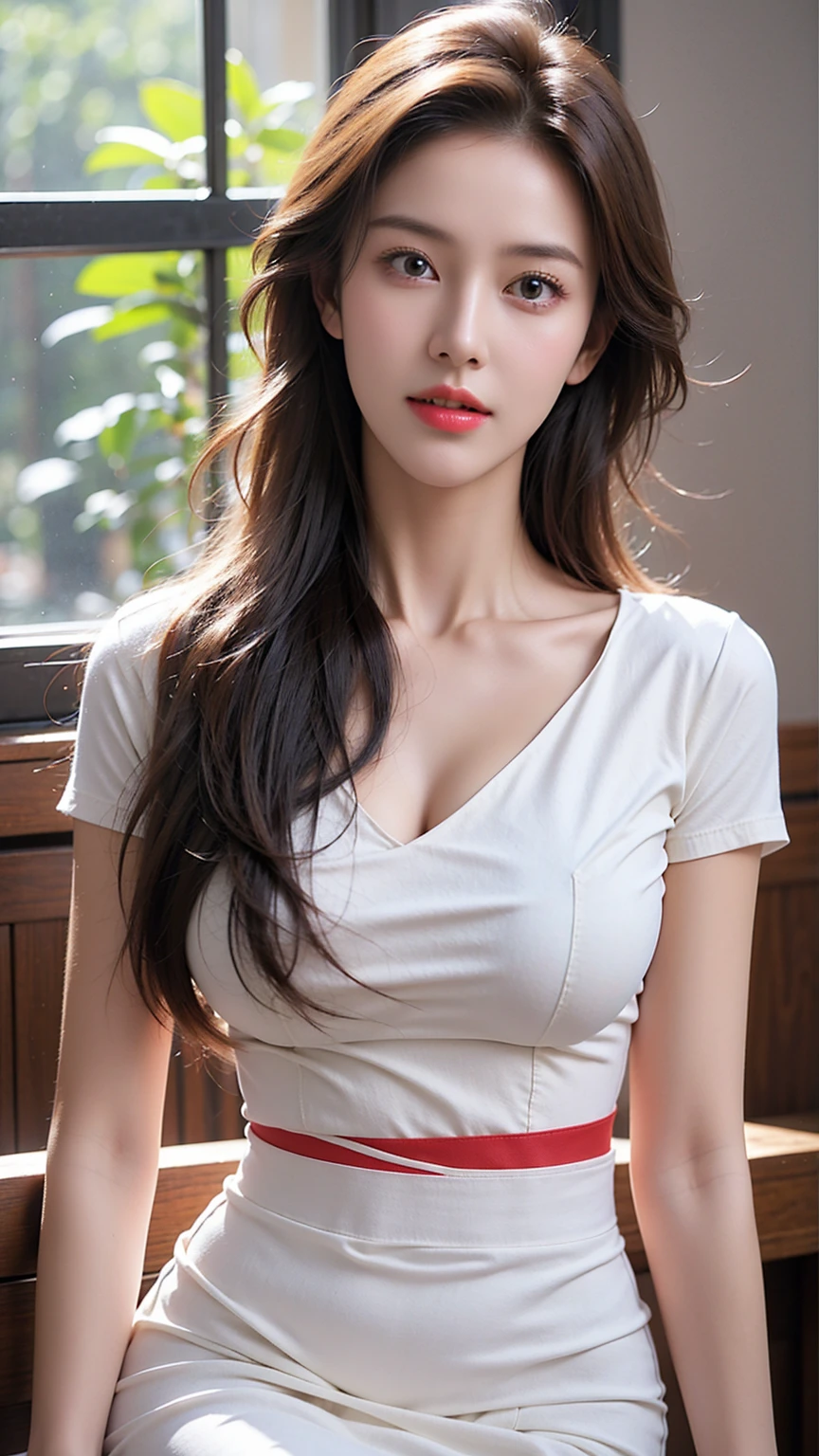 Beautiful woman with perfect body:1.4,Layered Hairstyle,Prominent cleavage,Highly detailed face and skin textures,Double eyelids,Skin Whitening,Long hair,Whitened long legs,(Tight T-shirt,miniskirt)