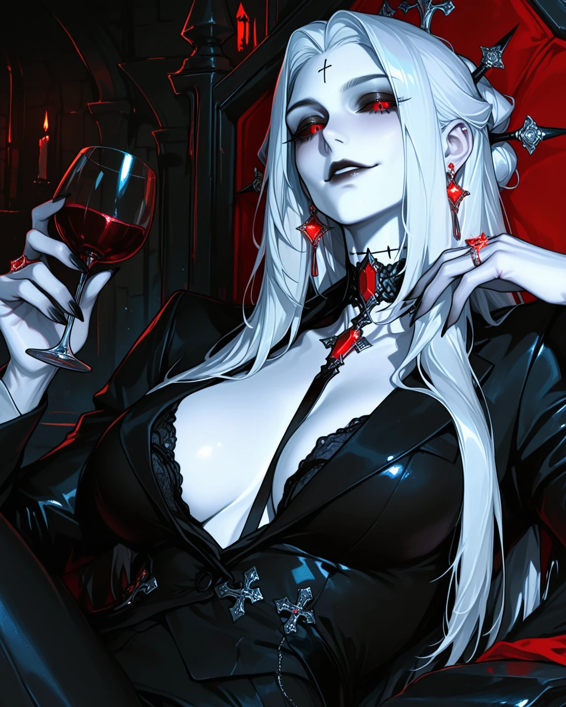 vampire queen submerged in pool of blood, cleavage, hourglass figure, black lipstick, straight white hair