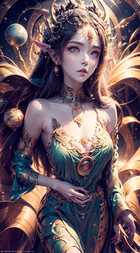 （best qualtiy，ultra - detailed，Most Best Illustration，Best shadow，tmasterpiece，A high resolution，professionalartwork，famousartwork），Detailed eyes，beautidful eyes，closeup cleavage，sci-fy，colored sclera，Robot eyes，face markings，Tattooed with，（fractalized，Fractal eyes），largeeyes，Wide eyes，（Eye focus），sface focus，Cosmic eyes，Space eyes，Close-up of metal sculpture of a woman with a moon in her hair，goddes。extremly high detail，3 d goddess portrait，Extremely detailed footage of the goddess，a stunning portrait of a goddess，Side image of the goddess，portrait of a beautiful goddess，Full body close-up portrait of the goddess，hecate goddess，portrait of a norse moon goddess，goddess of space and time，PureErosFace_V1，Urzang-6500-V1 version.1，