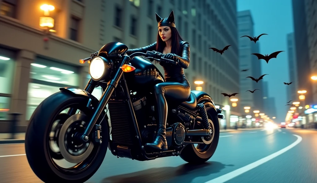 woman standing on motorcycle，wearing the black leather jacket, Has attractive curves, Wearing catwoman mask., cat woman, (Best quality at best, 4K, 8K, A high resolution, tmasterpiece:1.2), Black leather set, high-heels, ultra - detailed, (actual, realistically, realistically:1.37), cat woman, Conceptual artist style, (realistically:1.2), (EndlessReality), (tmasterpiece:1.2), (Best quality at best), (hyper-detailing), (8K, 4K, Complex),, Wear gloves,