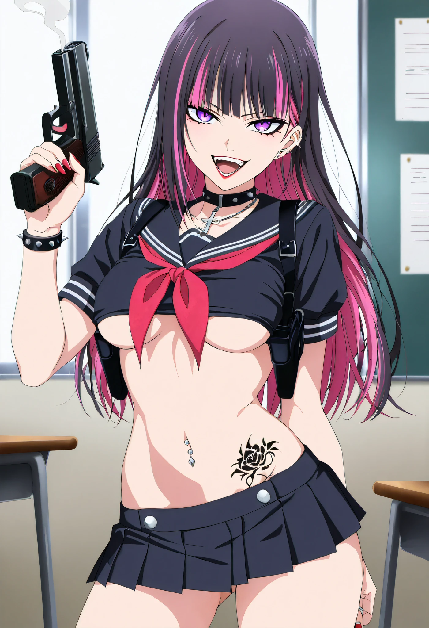 1girl, white background, red eyes, long hair, purple hair, bangs, jacket, crop top, mini skirt, large breasts, cleavage, soft stomach