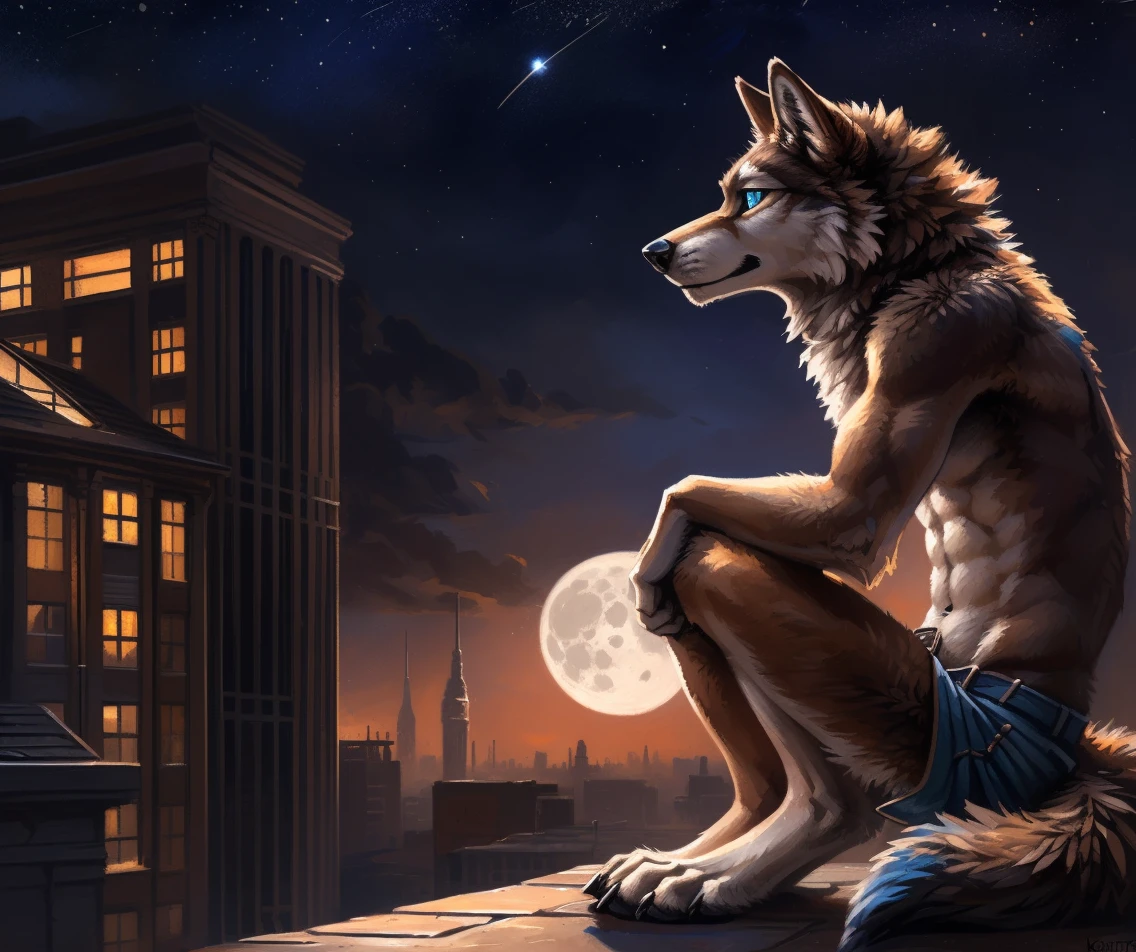 ((Solo)), male people, anthro wolf, (Multi-colored fur, White-brown:1.3, White tail pointed), (Height 2.3 meters,Tail length 1.2m), ((Wolf face, White hair, Big eyes, White eyelids, Blue pupil, Slim:1.2) (Tough, Calm expression:1.2)), Abs, Slim, pinging)), (Correct body anatomy), (Work shorts:1.1), The upper body is naked, (detailed outfits),A long big tail,Feet,Long legs,(Realistic fur, Detailed fur texture, labeled:1.3)), (Natural lighting), Photorealistic, Hyperrealistic, ultradetailed, by Kenket,In the modern city,Roof roof,the night,Sit alone,Look at the full moon,It was dark,Starry