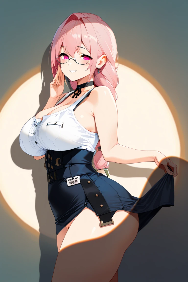 1 girl, 19 years old, Long pink hair, green eyes with slit pupils, master-piece, best quality, (standing up), (white buttoned crop blouse), (tight short sleeve white crop blouse, black pencil mini skirt, cleavage),  (Big , ultra gigantic , Super super big, Glamorous body), Make eye contact with the camera, front figure, looking forward, (light_Smile:1.5), (Detailed hands and fingers:1.2) (Cyberpunk City), (FULL BODYSHOT), thighs thighs thighs thighs、beauty legs、Bare legs