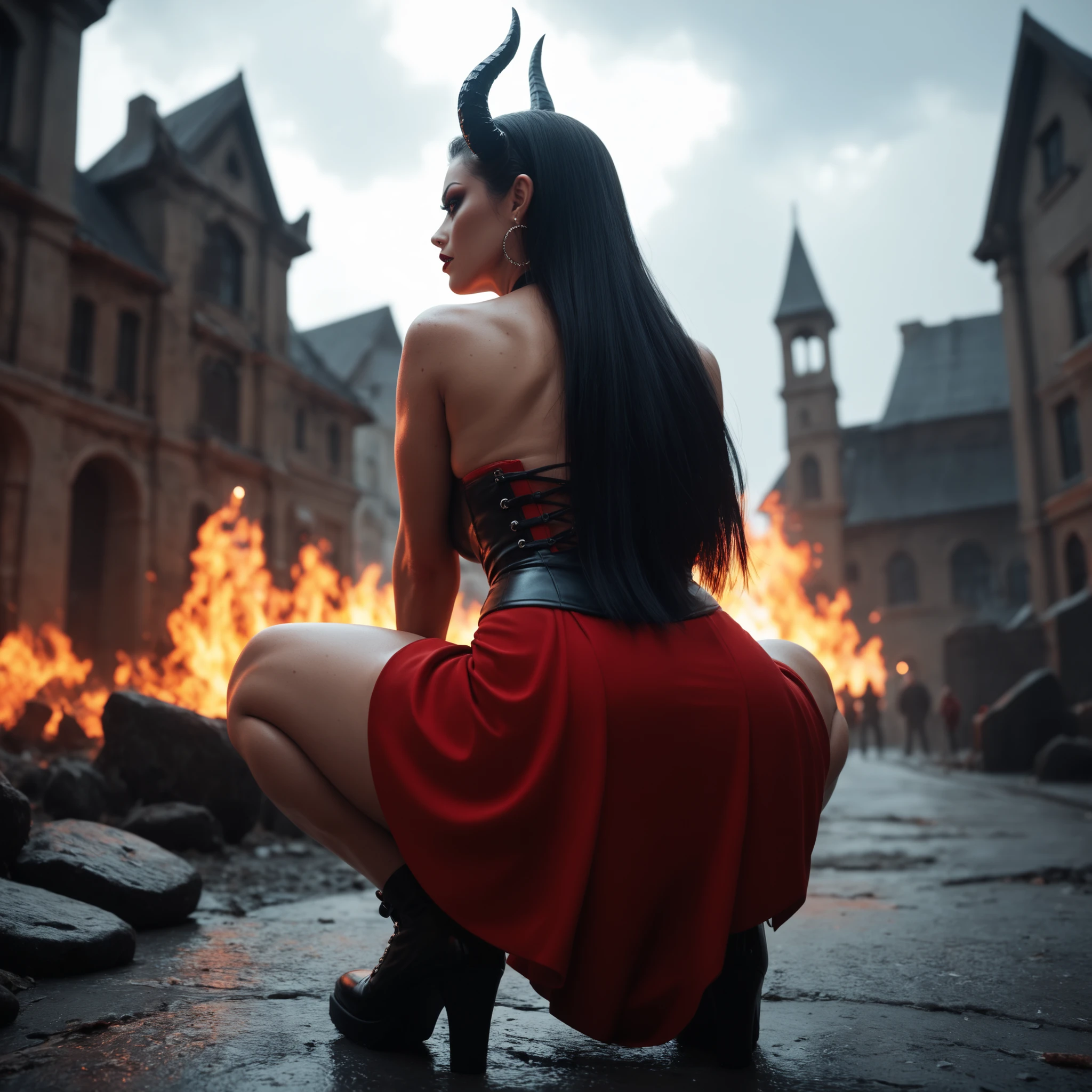 Ultra-detailed Rihanna stands atop a pile of burning ruins, Her diabolical and insidious presence radiating from her dark crown and black and red evil queen dress....................................................................................... Her demon wings on her back and demon horn give her an invincible aura as she unleashes a powerful wave of destruction with a single gesture............................................................................................................................................................................