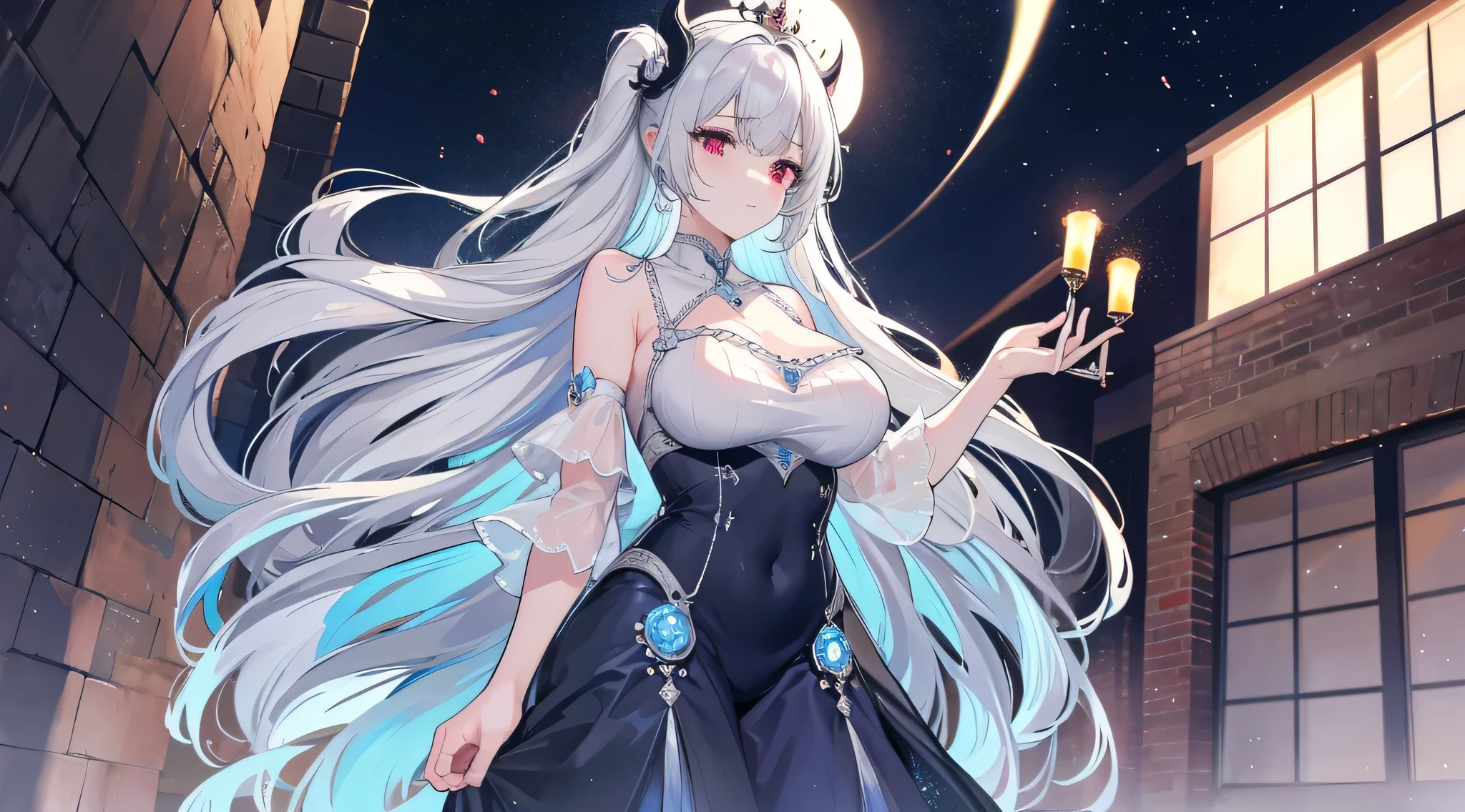 (One woman),Breast augmentation,(super high quality), masterpiece, (strong), Relaxed atmosphere,Golden Eyes, Beautiful expression, Perfect body, (Smaller breasts), Hair grows longer,Highly detailed face and eyes, (Silver Hair, Deep gradation golden eyes), beautiful, Cinema Lighting.tonality,Advanced Details, highest quality, Only 5 fingers,cute,silver and black dress,Moon Goddess,Moon Hair Ornament,indoor,Wet clothes,Open-chested clothing,Silver Hair