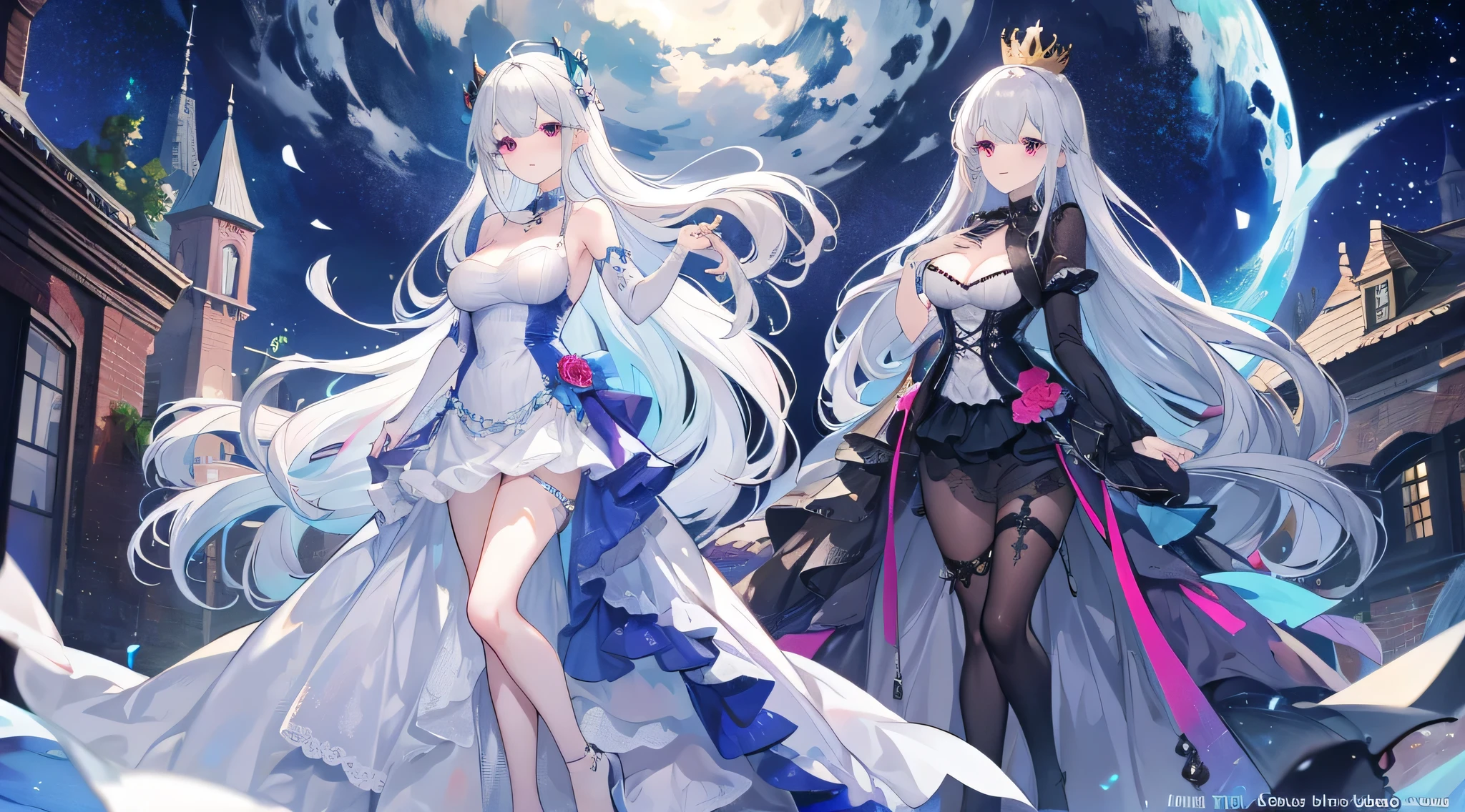 (masterpiece, best quality), best resolution, (2heads:1.5), 1girl, white hair, red eyes, pale skin, eyelashes, bracelet, jewelry, smile, detailed and majestic stage, fantasy, night sky, nebula