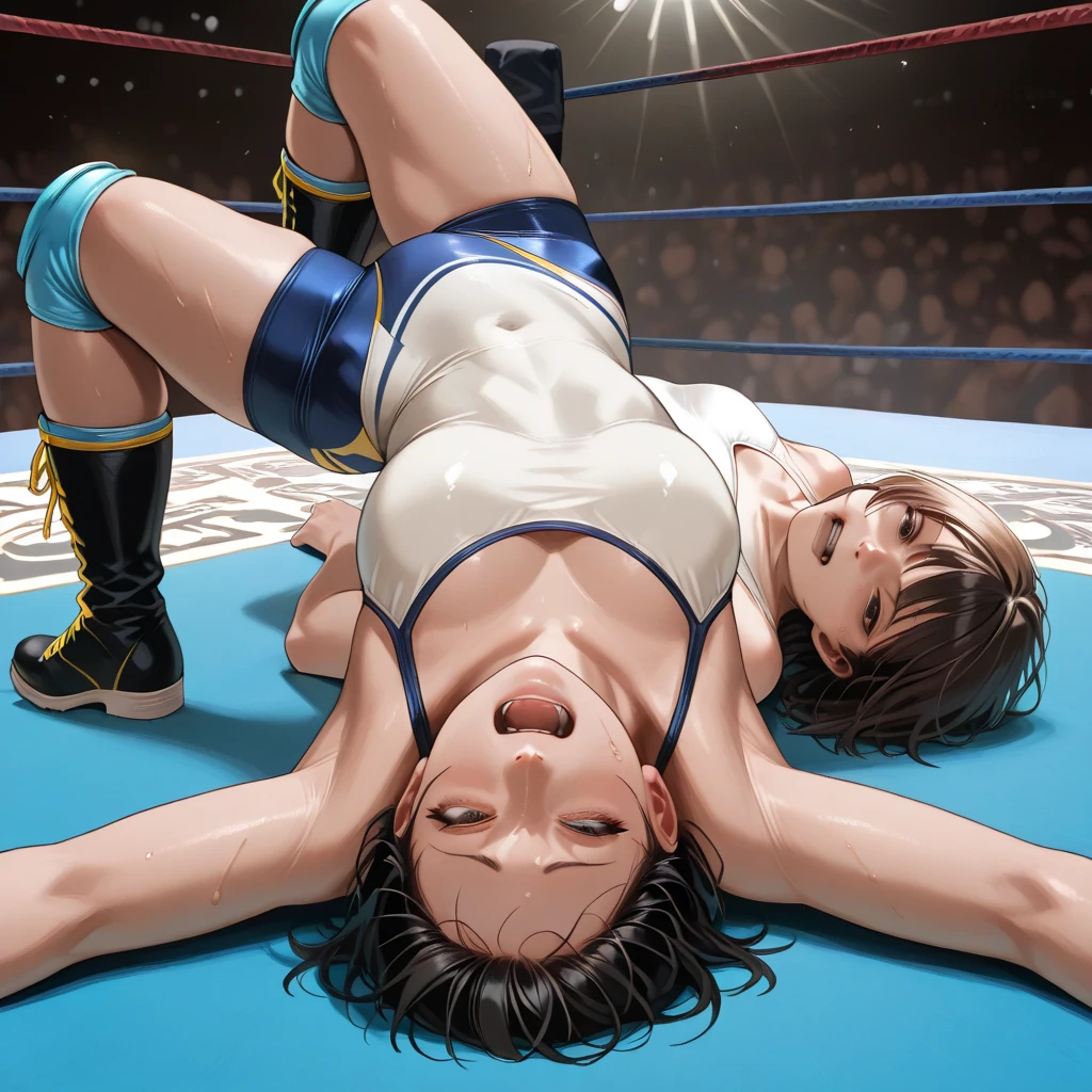 (in style of Takeshi Obata:1.3), (+18) , (Top quality, masterpiece), Japanese personal model, colossal, freestyle wrestling Singlets , two enchanting women, breast cleavage, dojo, image quality at the highest level,pinning each other on the ground in a close and intense and erotic private wrestling session, on the mat full body leg lock